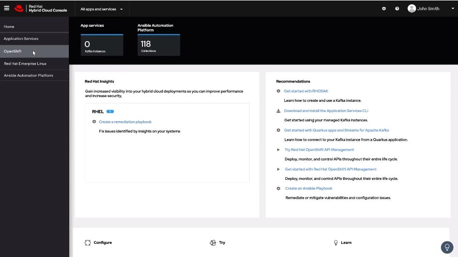 Red Hat hybrid cloud software app services view