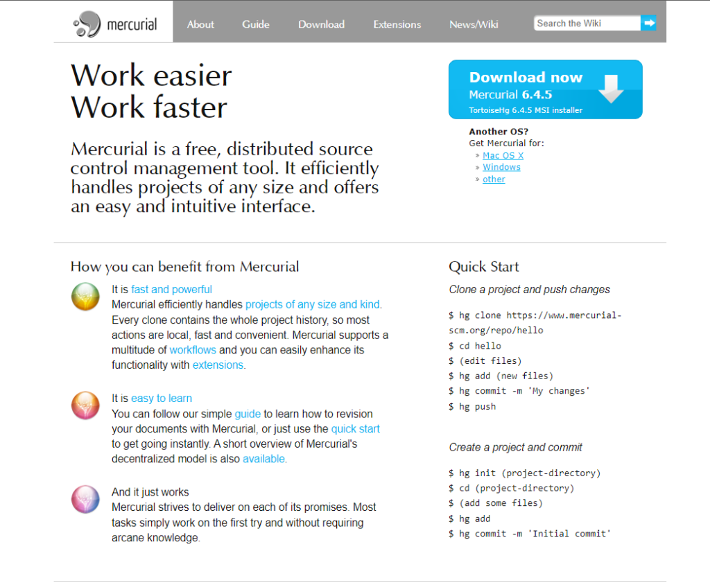 Website screenshot of Mercurial version control system